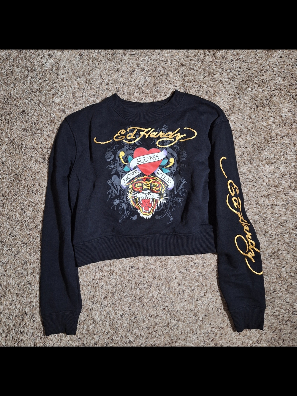 Ed Hardy Black Cropped Tiger Sweatshirt "Love Runs Wild" Size S